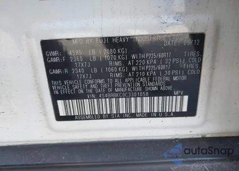 2012 Subaru Outback 2.5I Limited from USA, damaged, VIN 4S4BRBKC0C3301058